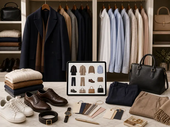 Digital wardrobe grid with clothing, shoes, and tags